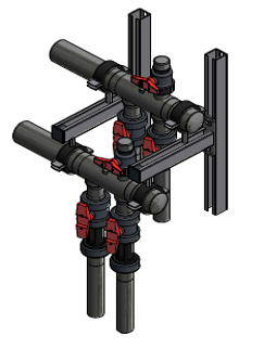 Collector in HDPE van 4 kringen dia40mm met kranen en debietmeters, A/R = dia 63mm (kopie)