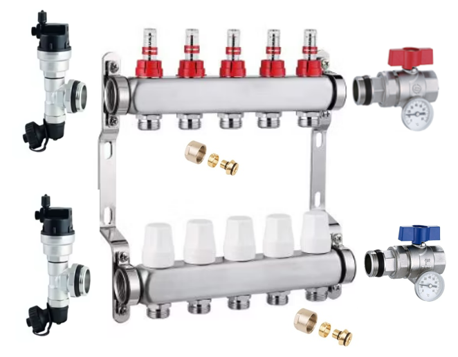 Inox open verdeler 12 kringen, incl. 24 euroconus 16x2 en kranen