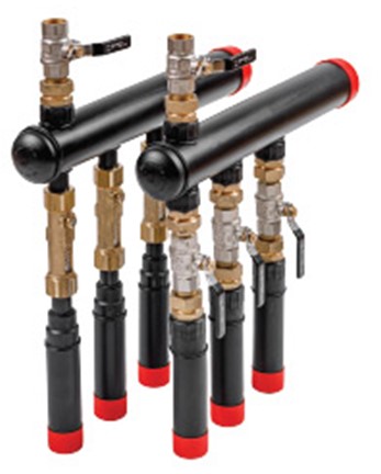 Collector in HDPE van 12 kringen dia 40mm met kranen en debietmeters, A/R = dia 90mm