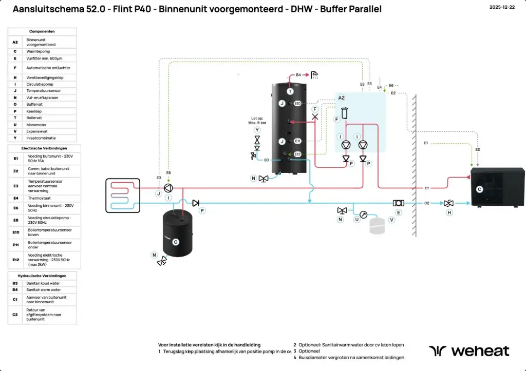Weheat - Aansluitschema 52.0 - Flint P40 - DHW - Buffer Parallel - Binnenunit voorgemonteerd