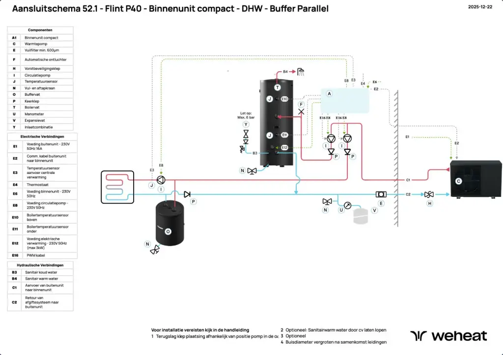 Weheat - Aansluitschema 52.1 - Flint P40 - DHW - Buffer Parallel - Binnenunit compact